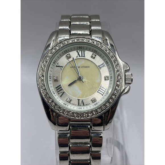 Adrienne Vittadini Women's Quartz Watch Silver Band Pearlized Dial- New Battery - Picture 1 of 8